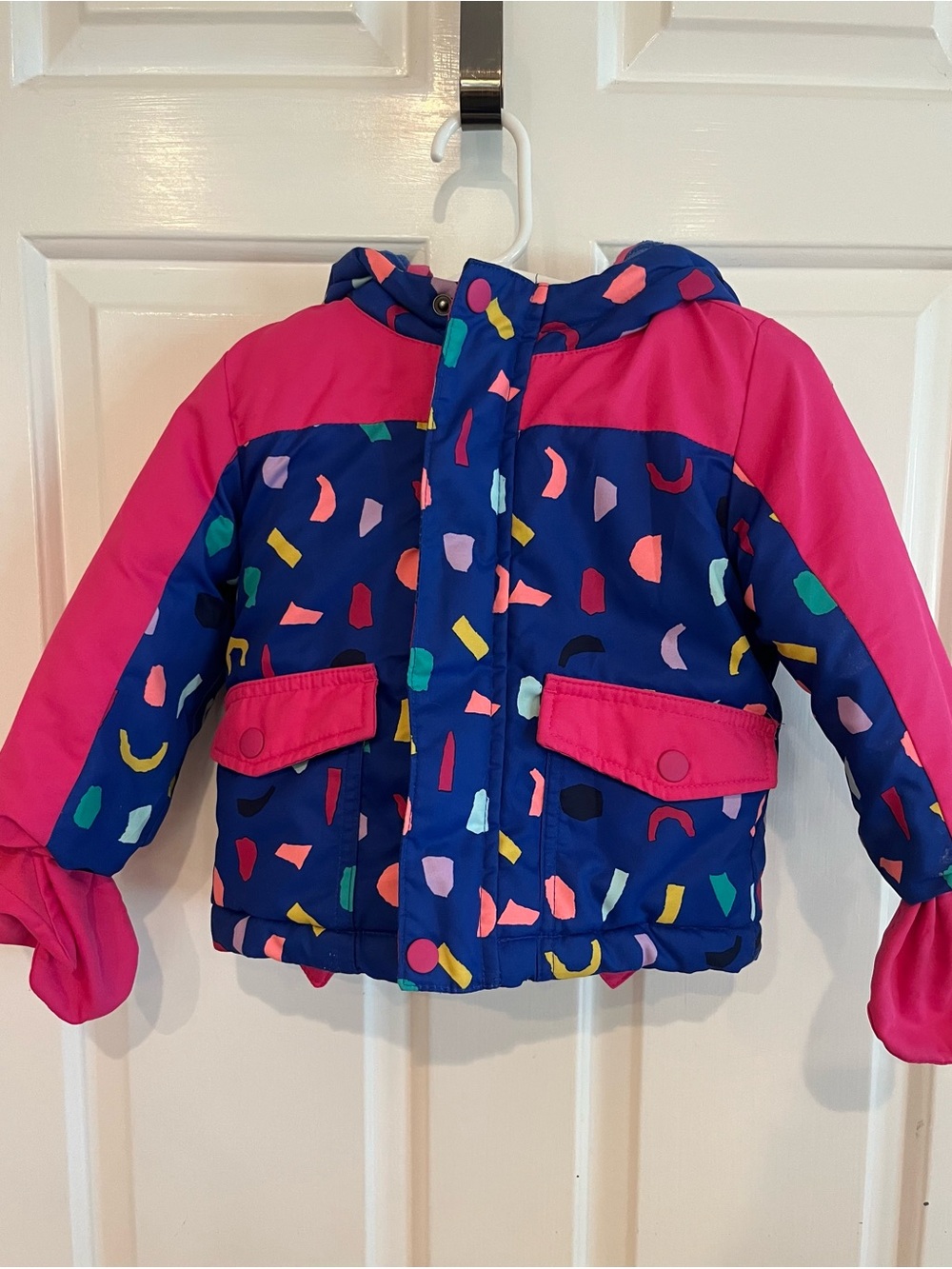 Cat & Jack Navy Puffer Jacket with Bright Pink Accents and Multicolor Confetti